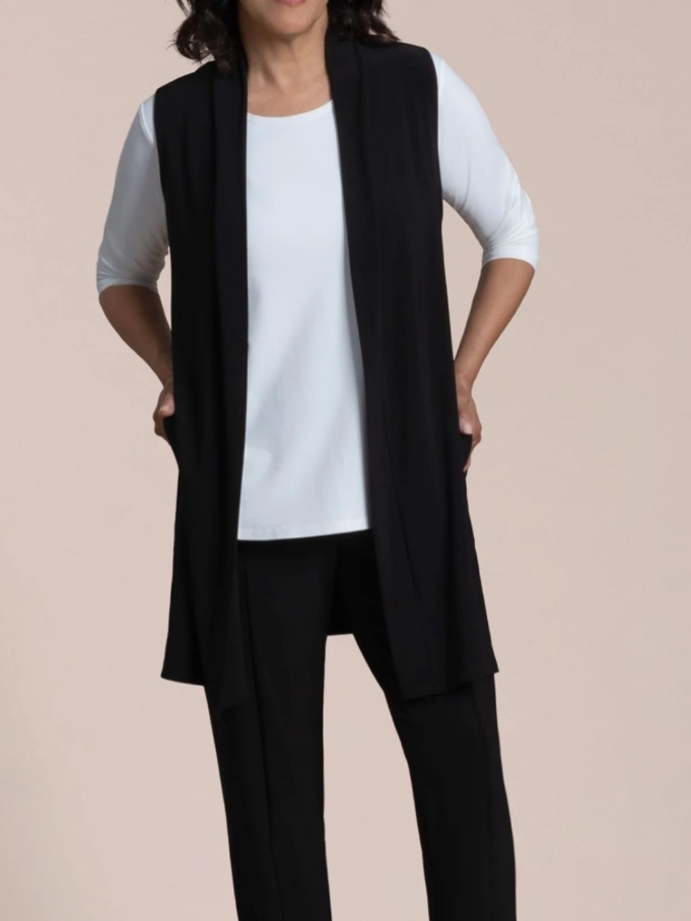 SYMPLI Longline Vest open front flowy with side pockets black size 10 Canadian